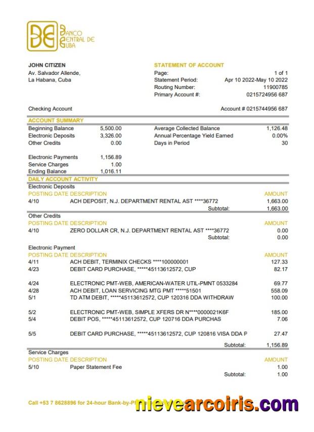 Cuba Banco Central de Cuba bank statement xls